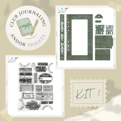 Conjunto de journaling KIT 1 com frases decorativas e elementos em verde e preto sobre fundo bege