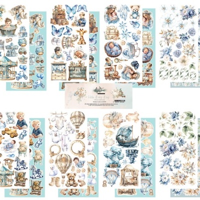 Folhas decorativas para scrapbooking com temas de bebê em tons azuis e castanhos