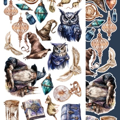 Autocolantes de objetos mágicos e fantásticos em tons castanho, azul e bege