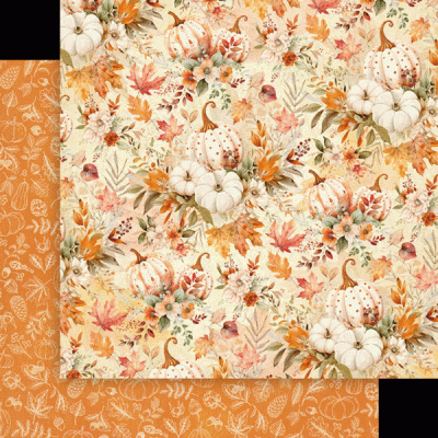 Papel de embrulho com padrão de abóboras e folhas de outono em tons quentes