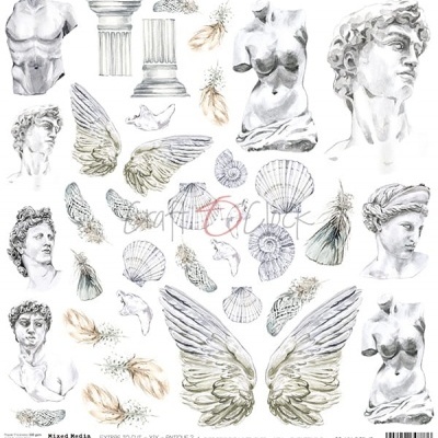 Ilustrações de esculturas clássicas, colunas, asas, conchas e penas em fundo branco