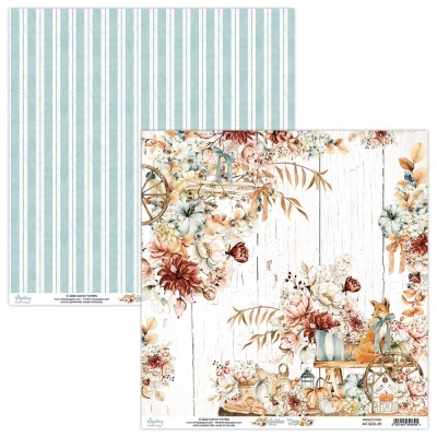 Papel decorativo com padrão floral e riscas verticais azuis e brancas
