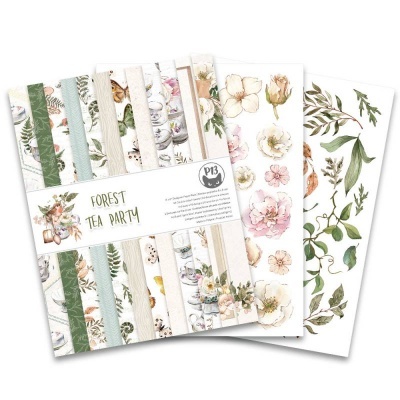 Conjunto de papel decorativo com tema Forest Tea Party com padrões de folhas, flores e animais