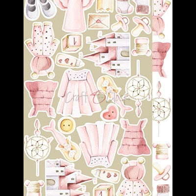 Adesivos infantis em tons suaves com desenhos de roupas, brinquedos e objetos para bebé