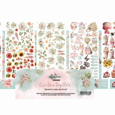 Conjunto de cinco folhas de adesivos decorativos variados para artesanato com coelhos, flores e doces