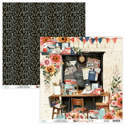 Papel decorativo dupla face com padrão de letras e ilustração de sala de estudo e flores