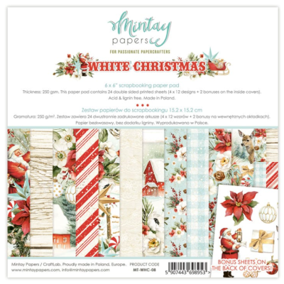 Papel para scrapbooking com padrões natalícios em várias cores e texto do produto na embalagem