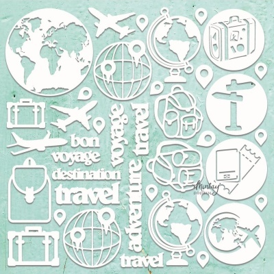 Recortes em papel branco com temas de viagem sobre fundo azul claro.