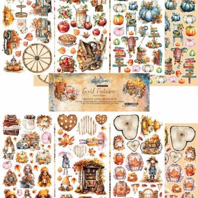 Folhas de adesivos temáticos de outono com ilustrações de abóboras, maçãs, folhas e outros elementos decorativos.