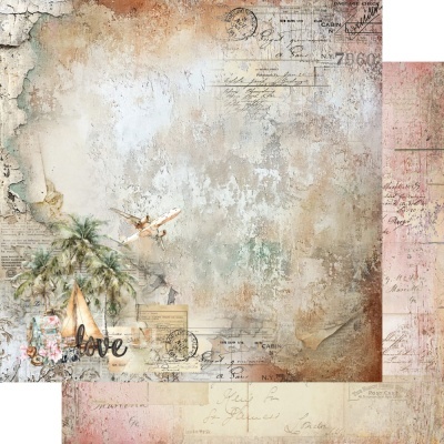 Fundo texturizado com motivos de viagem, palmeiras, avião, veleiro e texto em inglês