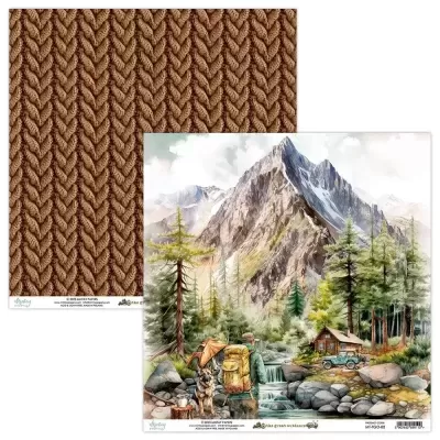 Papel decorativo com padrão de malha castanha e ilustração de paisagem montanhosa com cabana e natureza