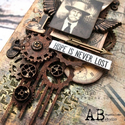 Composição steampunk com engrenagens, foto vintage e texto 'HOPE IS NEVER LOST'