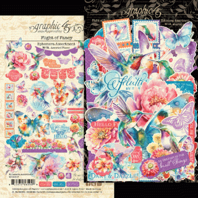 Folhas decorativas para scrapbooking com beija-flores, flores e borboletas coloridas