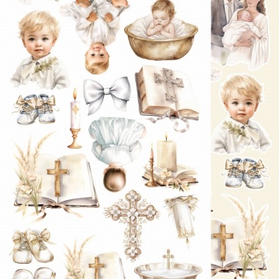 Elementos digitais para batizado com crianças, cruz, livro, vela, sapatos e decoração