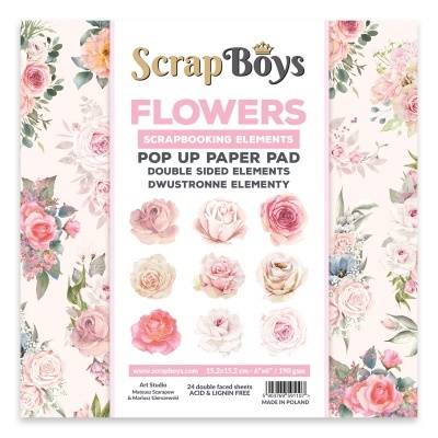 Caderno de papel ScrapBoys Flowers para scrapbooking com flores em tons rosa e creme.