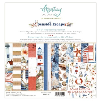 Conjunto de papel para scrapbooking Seaside Escape com temas náuticos e cores azul, vermelho, branco e bege