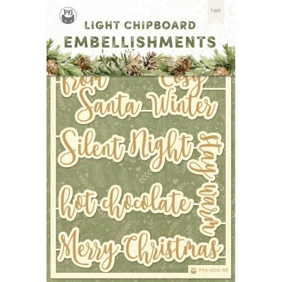 Embalagem de enfeites decorativos em chipboard claro com frases de Natal em letras douradas e contornadas de branco