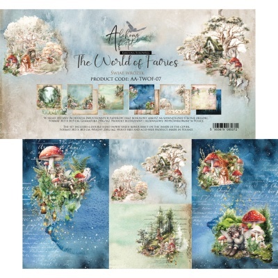 Papéis decorativos com ilustrações de fadas, cogumelos e natureza em várias cores e texturas.