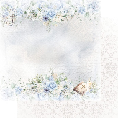 Papel decorativo com flores azuis e brancas, vela acesa e livro com cruz dourada