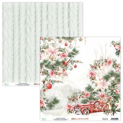 Papel decorativo para scrapbook com padrão de malha e tema natalício com carro e flores