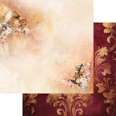 Papel decorativo para scrapbooking com temas musicais e ornamentos dourados
