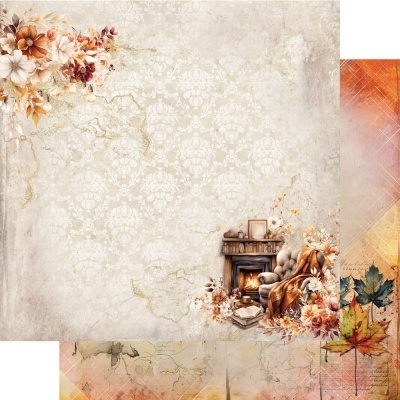 Papel decorativo para scrapbook com flores, lareira, poltrona e folhas de outono