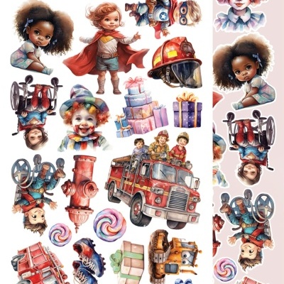 Autocolantes com crianças fantasiadas, camião de bombeiros, bolas, pirulitos e presentes coloridos