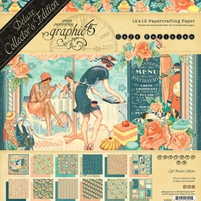 Papel de scrapbooking 'Cafe Parisian' com tema vintage e padrões florais coloridos