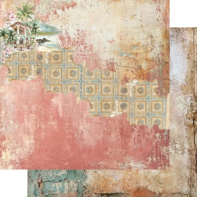 Papel de parede decorativo com azulejos e ilustração da casa e mar