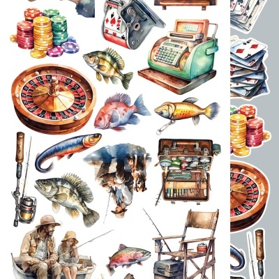 Ilustrações temáticas de jogos e pesca, com cartas, dados, roleta, máquina de slot, caixa registadora, peixes e figuras pescando