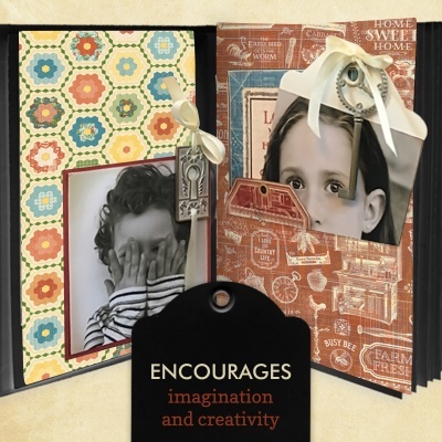 Duas decorações de carimbos fotográficos com padrões coloridos e etiquetas com texto