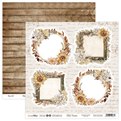 Papel scrapbook dois lados com madeira envelhecida e molduras florais com texto