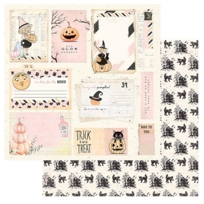 Conjunto decorativo de Halloween com abóboras, gatos, chapéus e textos em rosa, preto e branco
