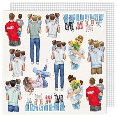 Ilustração digital de pais e bebés com roupas casuais e flores em fundo quadriculado.