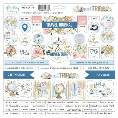 Conjunto colorido de autocolantes cartão tema viagem com textos e imagens diversas.