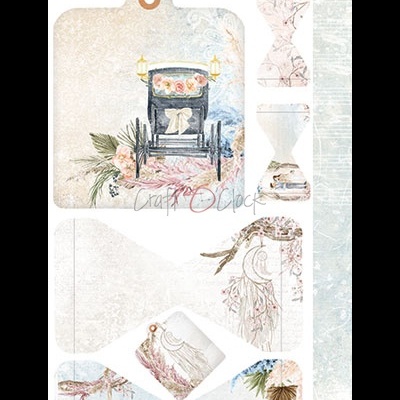 Folha de papel recortado para artesanato com ilustrações vintage de carruagem, flores e pássaros