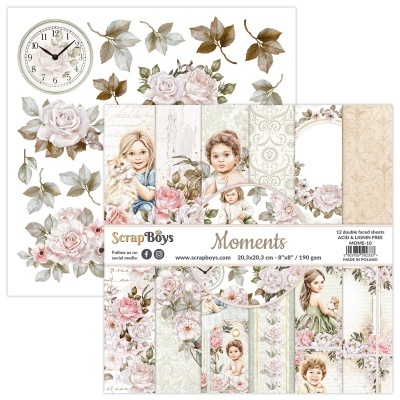Papel de scrapbooking floral com imagens de crianças e elementos decorativos em tons pastel