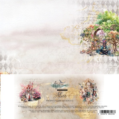 Papel de scrapbook Alice dupla face com ilustrações temáticas, embalagem com texto e código de barras