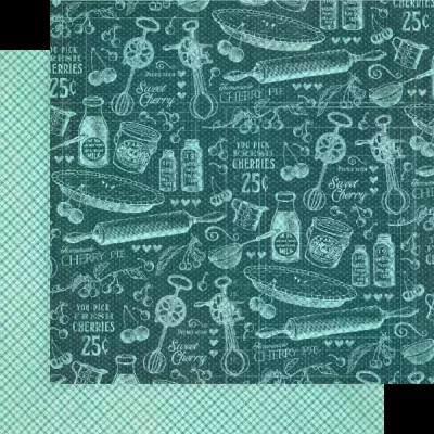 Papel decorativo com padrão de desenhos de cerejas, utensílios e texto em inglês em tons de azul e verde, com padrão xadrez no verso