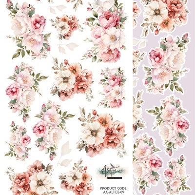 Folha com autocolantes florais em tons de rosa, branco e bege, código de produto e código de barras.