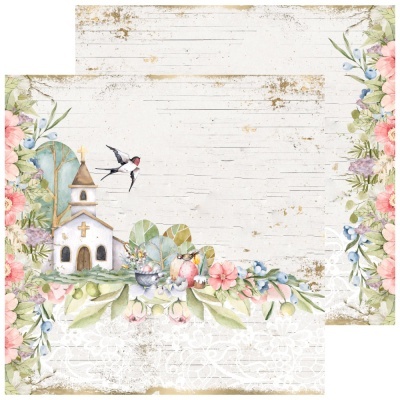 Papel decorativo com flores, igreja e ovos coloridos