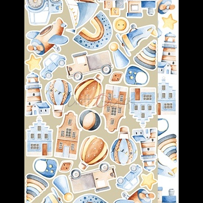 Papel decorativo com padrão de brinquedos infantis em tons azuis e beges