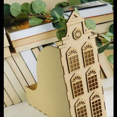 Organizador de livros MDF com design de edifício clássico e decoração de folhas verdes