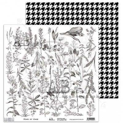 Papel decorativo dupla face com padrão preto e branco e ilustrações botânicas