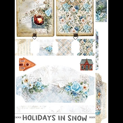 Folhas decorativas para álbum com flores azuis, neve e texto HOLIDAYS IN SNOW
