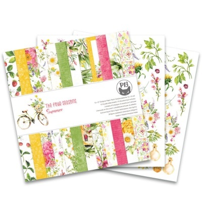 Conjunto de folhas de papel decorativo para scrapbooking com estampas florais coloridas e textos P13 e THE FOUR SEASONS Summer
