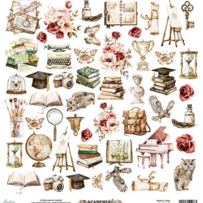 Ilustrações vintage de livros, rosas, coruja, troféu, lupa, máquina de escrever e outros objetos sobre fundo branco