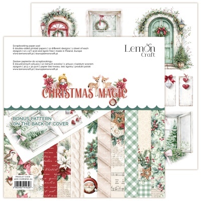 Papéis para scrapbook tema Natal com portas decoradas, texto Christmas Magic e padrões verdes e vermelhos