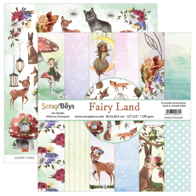 Folhas de scrapbooking dupla face com ilustrações de fadas, animais e flores em cores suaves