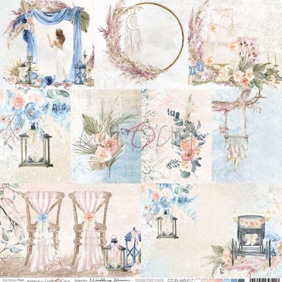 Papel decorativo com motivos florais e temáticos de casamento em tons pastel.